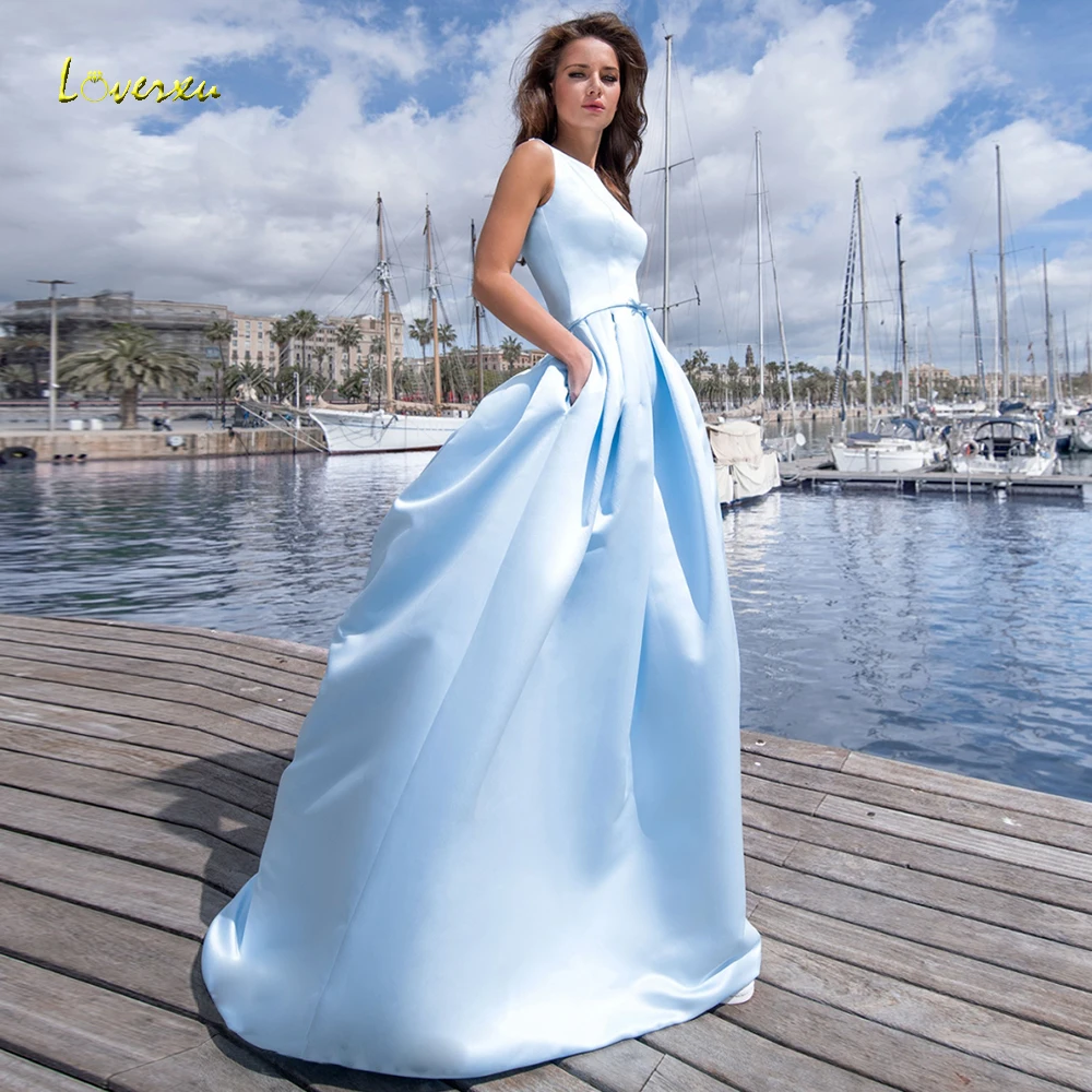 

Loverxu Simple Scoop Ball Gown Prom Dress Tank Sleeve Pocket Court Train Ever Pretty Satin Prom Party Gown Plus Size Candy Color