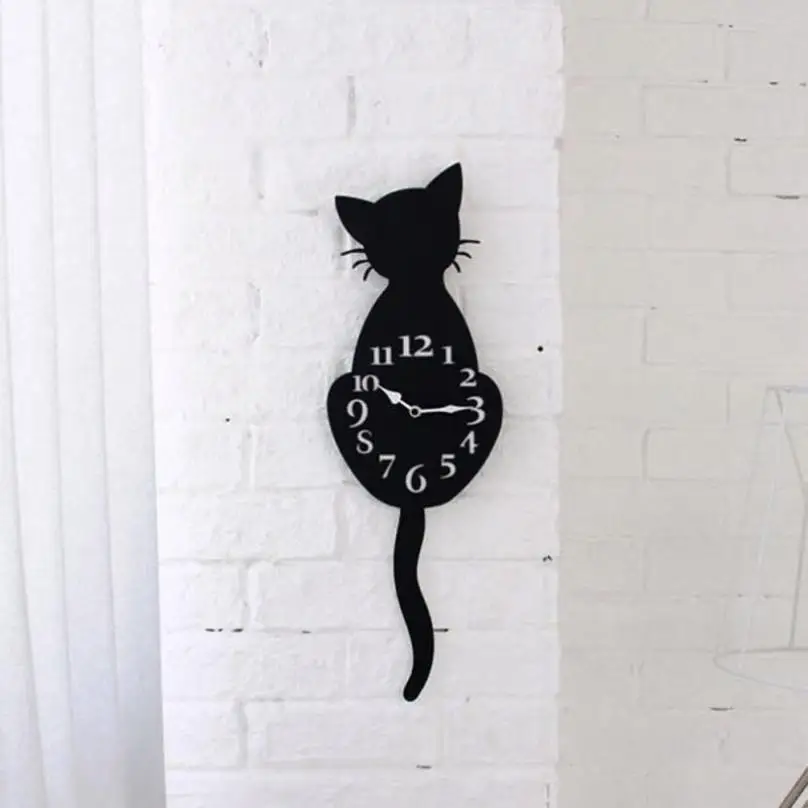 Акриловые модные креативные часы с изображением животных, Мультяшные настенные часы с милым котом, домашний декор, часы с хвостом, бесшумное движение, m17 30 - Цвет: Черный