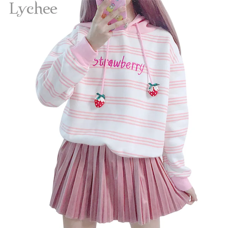 Толстовка Lychee в полоску с капюшоном и вышивкой клубники осенне зимние флисовые