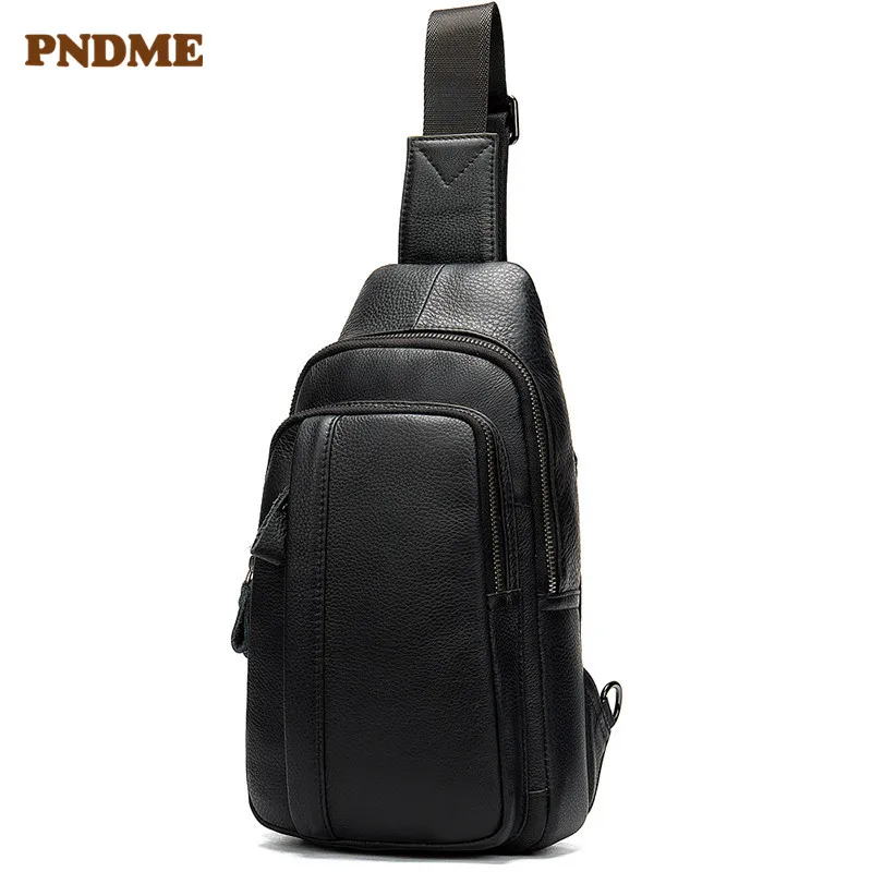 

PNDME first layer cowhide men's chest bag sports outdoor simple fashion genuine leather black party tablets crossbody bags