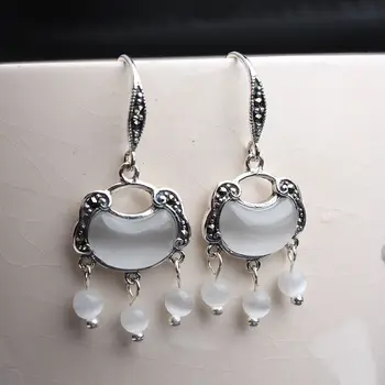 

KJJEAXCMY fine jewelry S925 Pure silver jade medullary long life lock earrings white female eardrop retro earring earrings fashi