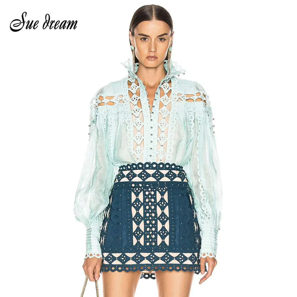 

2019 new women's fashion sexy top black white hollow lantern sleeves shirt club party runway top