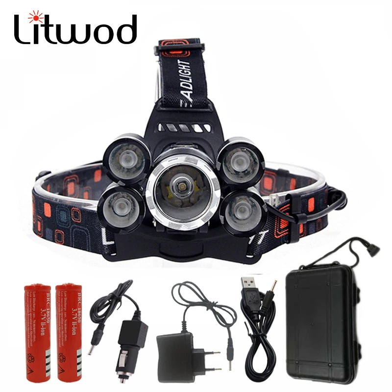

Litwod High Quality LED Headlight chips 5x XM-L T6 headlamp LED Lamp Flashlight head torch Headlamp battery Recharge CAR charger