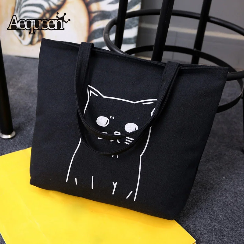 

AEQUEEN Cartoon Cat Printed Tote Casual Large Canvas Handbag Portable Reusable Shopping Bag Zipper Women Shoulder Beach Bag 2018