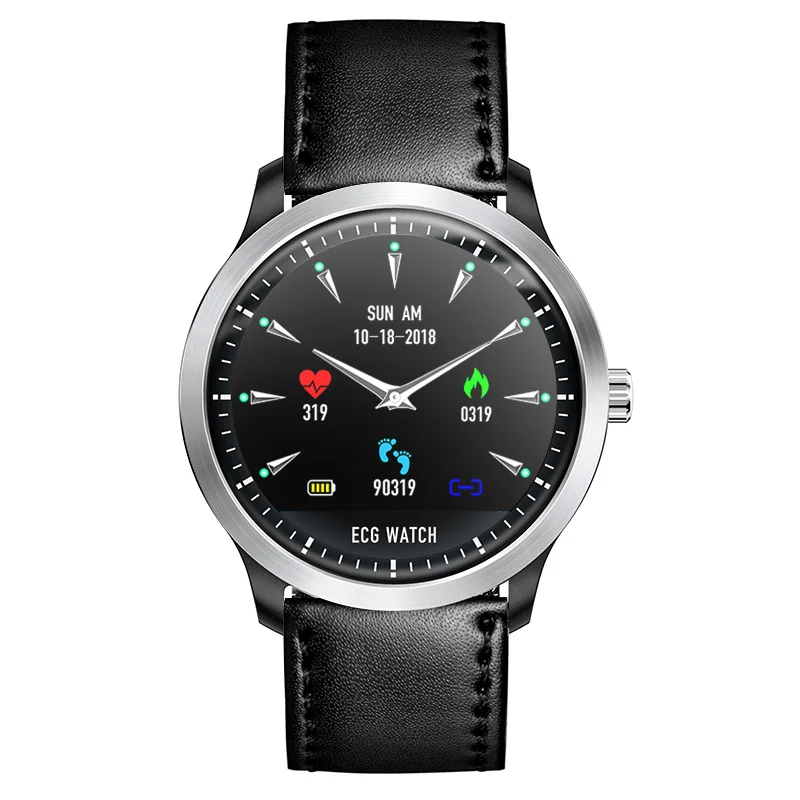 Teamyo N58 ЭКГ PPG умные часы с электрокардиографом ЭКГ дисплей Холтер ЭКГ монитор сердечного ритма кровяное давление умные часы - Цвет: Black Leather Strap