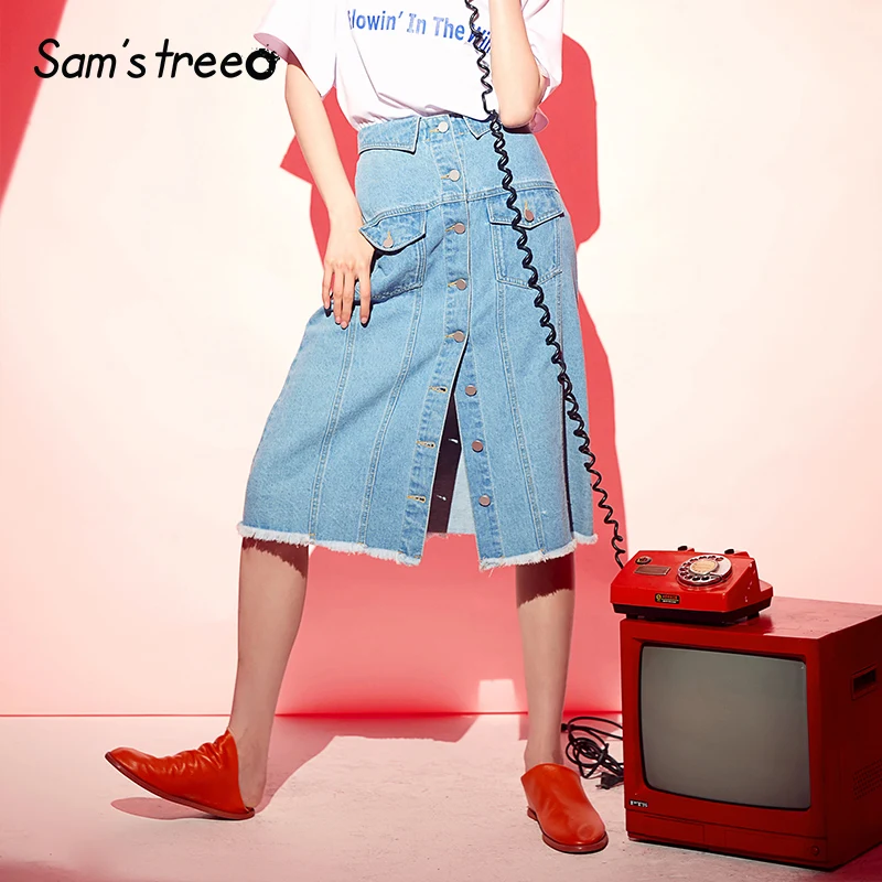 Samstree небесно-голубые однотонные пуговицы с высокой талией минималистичные юбки джинсовые с разрезом женские летние корейские модные повседневные женские юбки