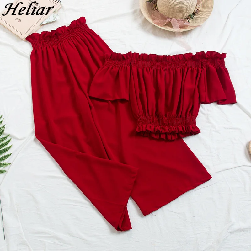 

Heliar 2019 Spring Women Slash Neck Jumpsuits Palazzo Playsuits Party Ruffle Strap Short Sleeve Women Summer Lazy Jumpsuits