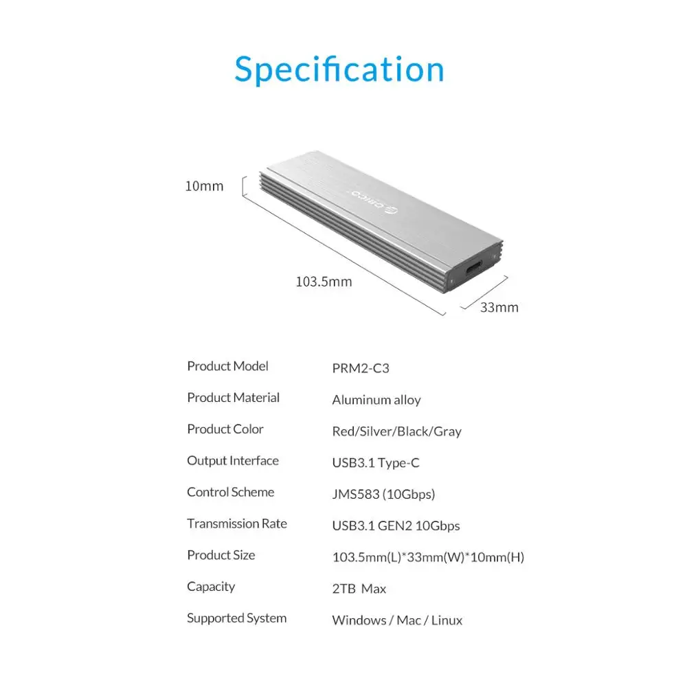 ORICO сплав NVMe M.2 SSD корпус USB3.1 type c Gen2 10 Гбит/с трансмиссия для samsung Intel 2230 2242 2260 2280