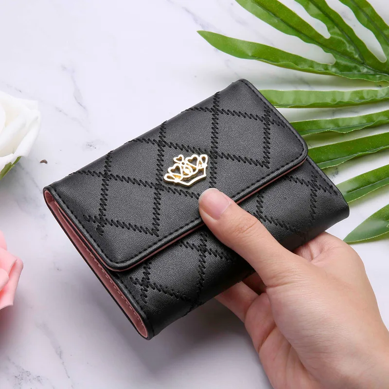 

Short Wallet Schoolgirl Korean edition embroidery Rhombus Crown Mini Hand bag multi-card change clip mini wallet