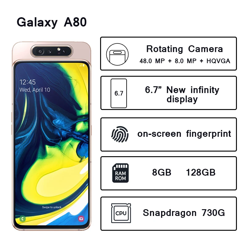 Смартфон samsung Galaxy A80 6," дисплей бесконечности Snapdragon 730G Восьмиядерный 8 Гб 128 ГБ вращающаяся камера 48мп мобильный телефон