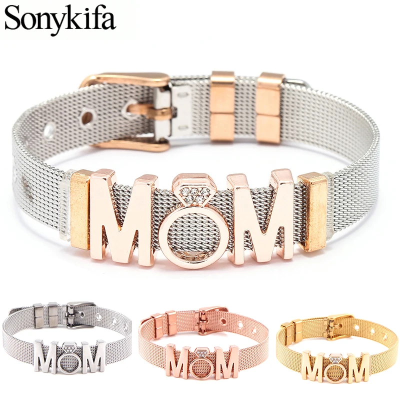 

Sonykifa Dropshipping Jewelry Globe MOM Slide Charm Keeper Pandoro Bracelets Hollow Heart Stainless Steel Mesh Bracelets Women