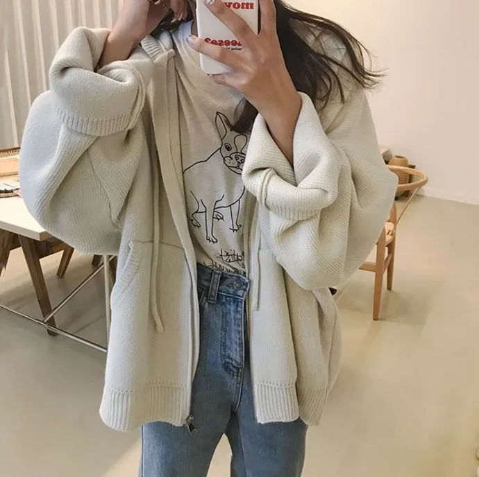 

autumn winter korean girl's sweater hooded zippers loose big size cardigan thick clothes women jacket Long Thick loose Cardigan