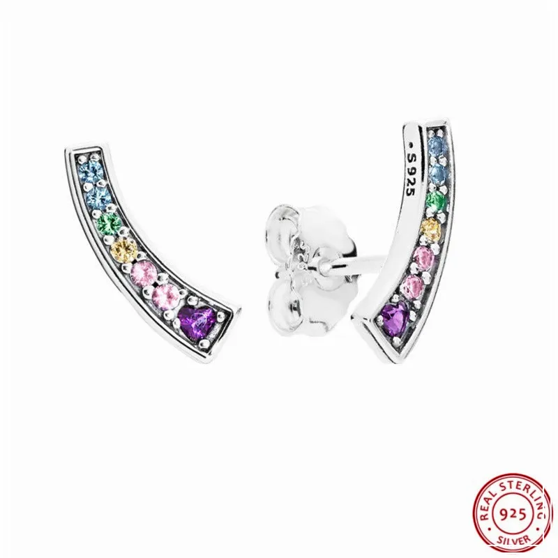 

2018 Spring NEW Multicolor Arches Stud Earrings for Women Silver 925 Jewelry Curve up Ear Lobes Littte Rainbow Style FLE116