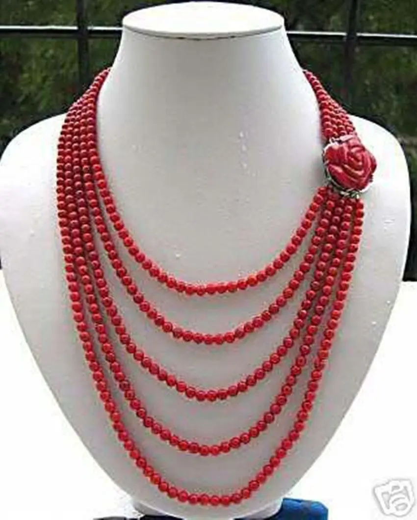 

FREE SHIPPING>>>@@ Hot sale S>>>>>CHARM 5 row RED CORAL NECKLACE FLOWER CLASP