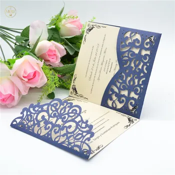 

Navy blue tri-fold pocket wedding invitation laser cut