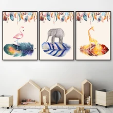 Watercolor Flamingo Elephant Feather Wall Art Canvas Painting Nordic Poster And Print Animal Wall Pictures For Living Room Decor watercolor leaf flamingo tassel hanging painting wall decor print