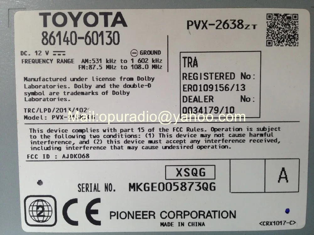 Toyotta 86140-60130 pioner DVD PVX-2638 головное устройство для Toyota Prado MP3 AUX Bluetooth Car радио