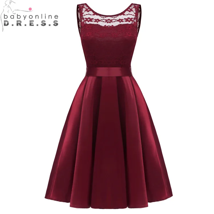 

Sexy V Back Burgundy Lace Short Evening Dress Cheap Scoop Neck Evening Party Dresses with Sashes Vestido de Festa Curto