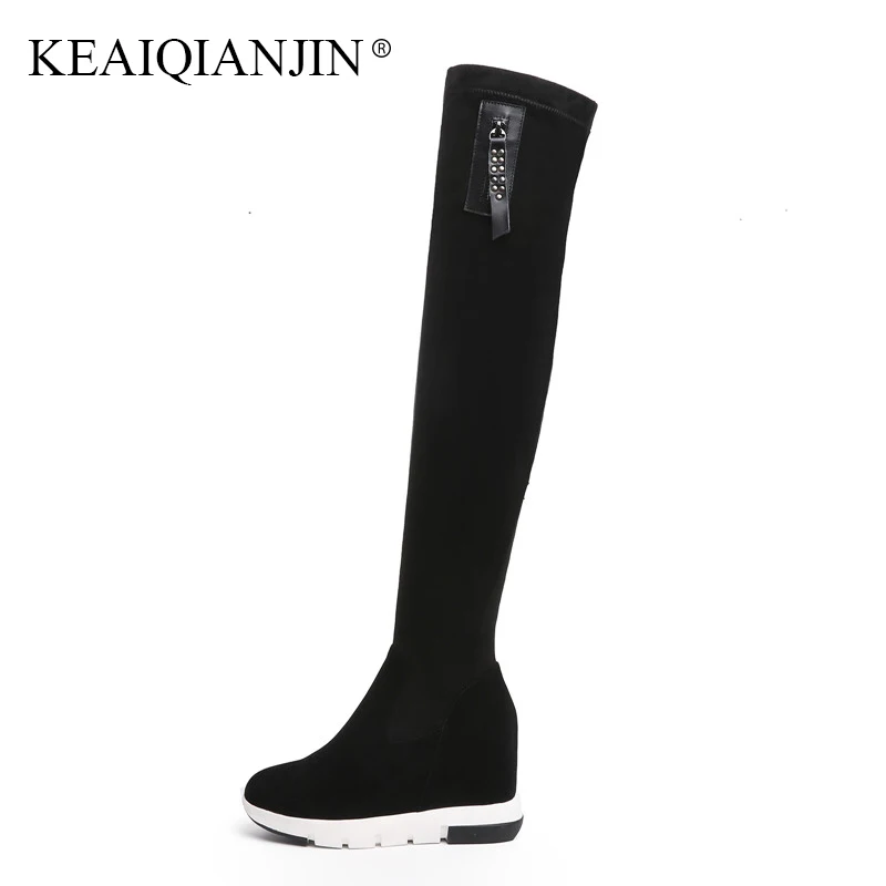 

KEAIQIANJIN Genuine Leather Wedges Over The Knee Boots Black Woman High Heeled Shoes Autumn Winter Rivet Thigh High Boots 2018