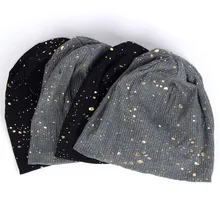 Модная женская Шапка-бини с нарисованной краской, металлический цвет, ребристые хлопковые мешковатые шапки-Боб для женщин, бронзовые черепа