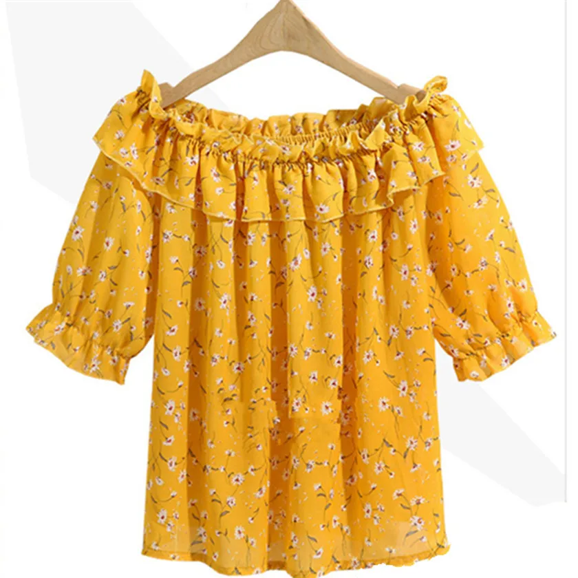 

2017 Korean Fashion Spring Autumn for Women Chiffon Blouse plus size 5XL Off Shoulder Ruffled Sleeve Yellow Shirt Top T76002A