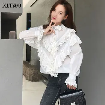 

[XITAO] Korea Fashion Female Full Sleeve Blouse Spring Solid Color Stand Collar Lace Wooden Ear Single Breasted Shirt WBB2314
