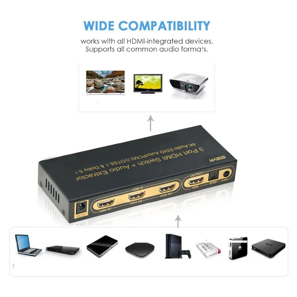 4K 3 Port HDMI Switch 3 input 1 Output Switcher HDMI 1.4 with Optical 3.5mm Audio Extractor+ Remote Control Switches