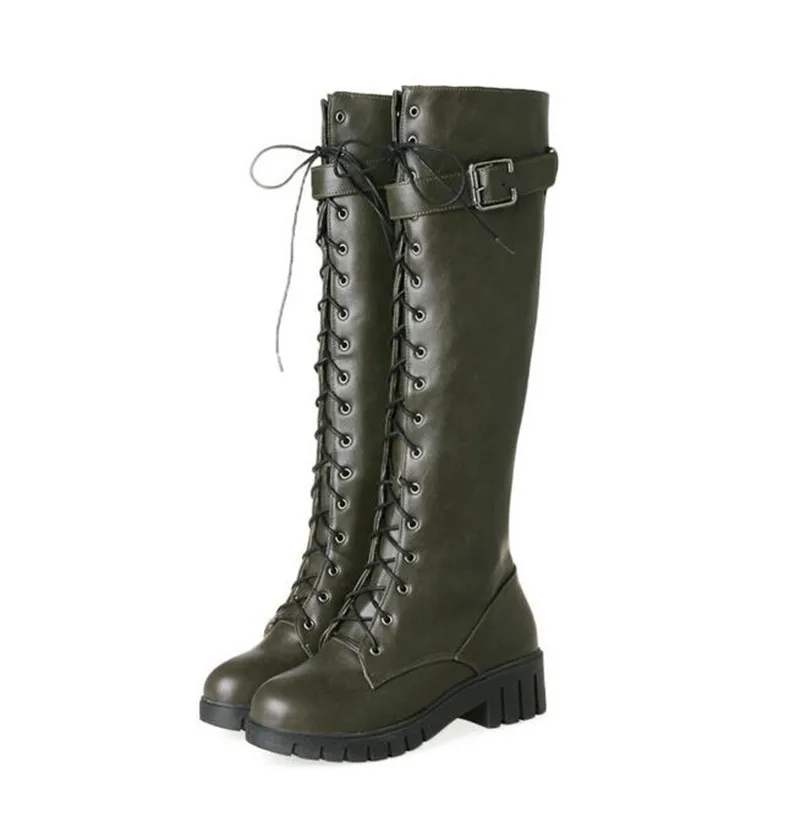 

Retro Style Women Army Green Gladiator Knee High Boots Motorcycle Low Heel Botas Anti-skid Lace-up Buckle Bootie Black Grey