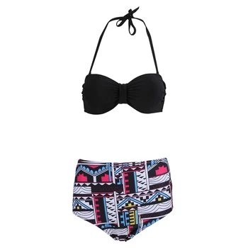

Super Brand Beach Printing sexy Summer Women bikini Sets Halter High-waist Bikini Swimwear Black
