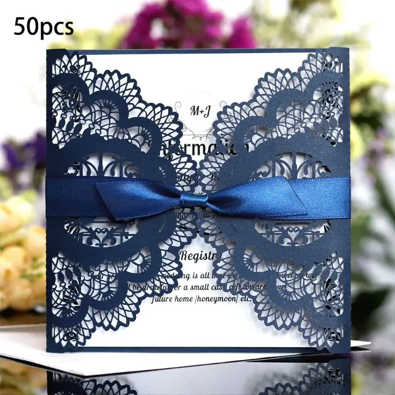  50pcs Wedding Invitation Card with ribbon Laser Cut Floral Glittering Engagement Baptism Invitation - 33041172702