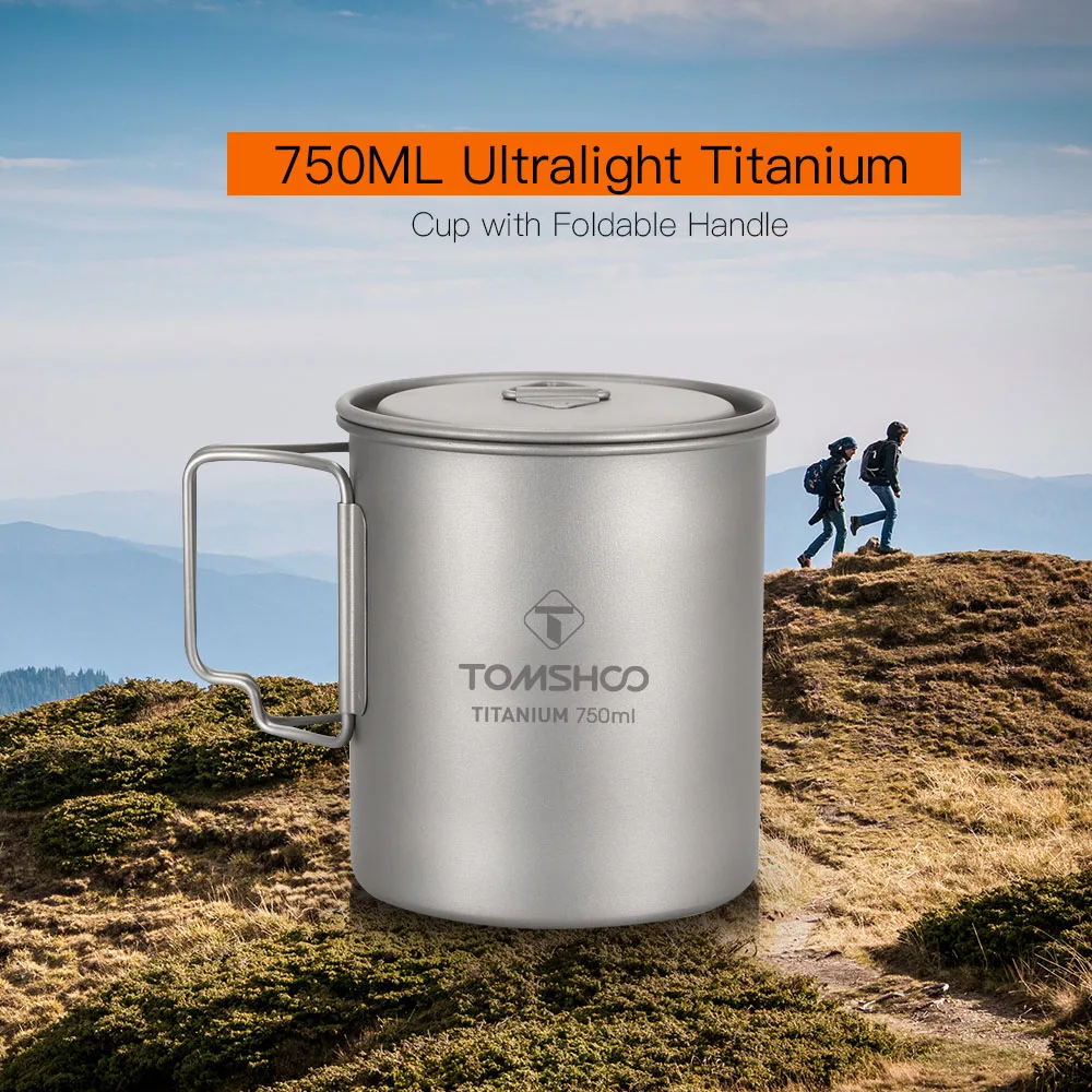 TOMSHOO 750 ml de taza al aire libre Camping Picnic agua de titanio taza Taza de Juego de Picnic Camping utensilios de cocina con mango plegable
