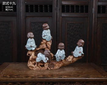 

GOOD 5P -LARGE # home office High-grade Refined art " CHAN DAO " Buddhist monk ceramics pottery Carving art +wooden statue
