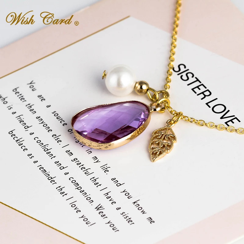 

Wish Card 4Color Pearl Crystal Leaf Pendant Copper Necklace for Women To My Sister Love Best Card Gift perfume masculino EY6086