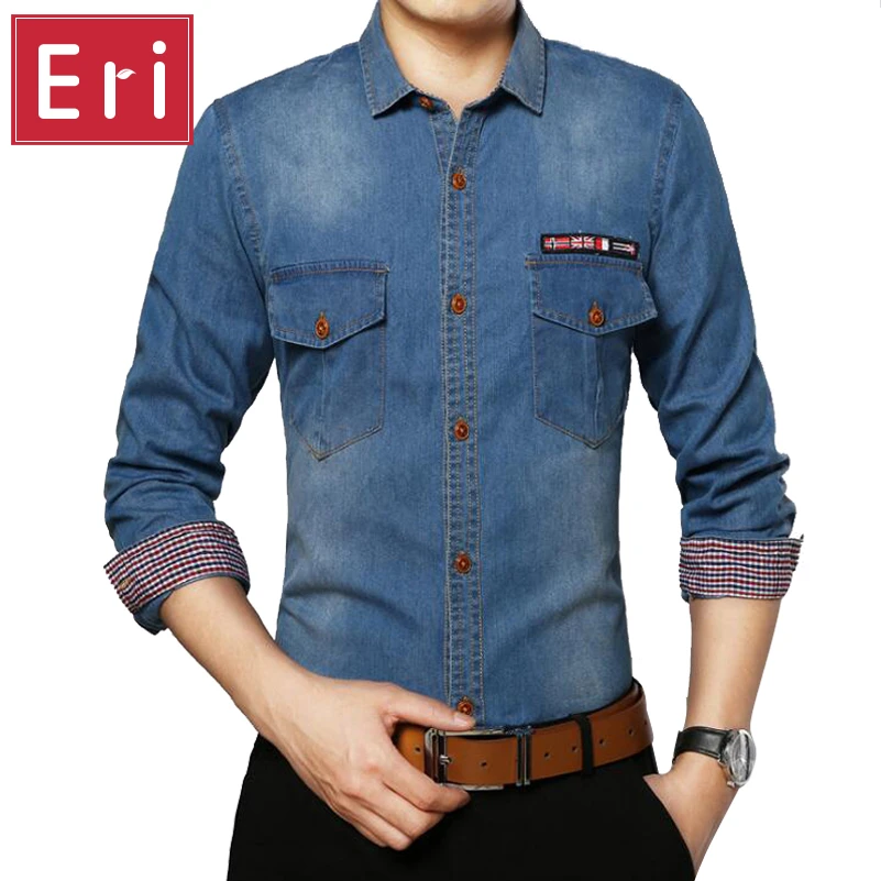 2017 Otoño Jeans de Moda Camisa de Tela Escocesa Del Remiendo de Manga Larga Slim Fit Ropa de Vaquero Washed Denim Hombre Camisas Sociales X124|denim shirt|shirt socialfashion man shirt -