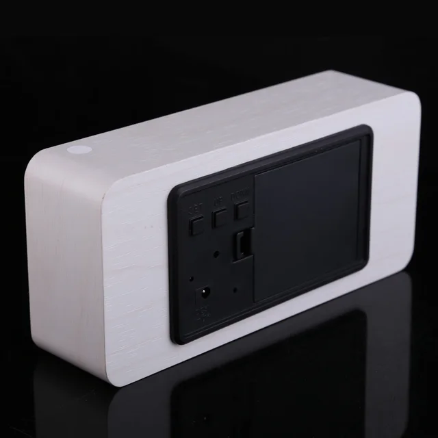 Modern Rectangle Wooden Digital White LED Light Alarm Clock with Calendar desplay has acoustic control sensing