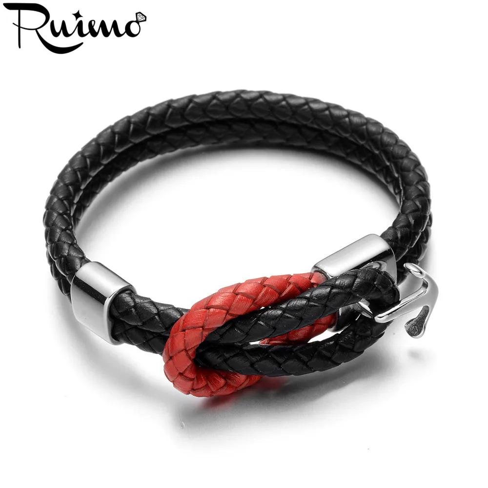 Мужской браслет из натуральной кожи с застежкой якорем|men jewelry|wristband menstainless steel anchor