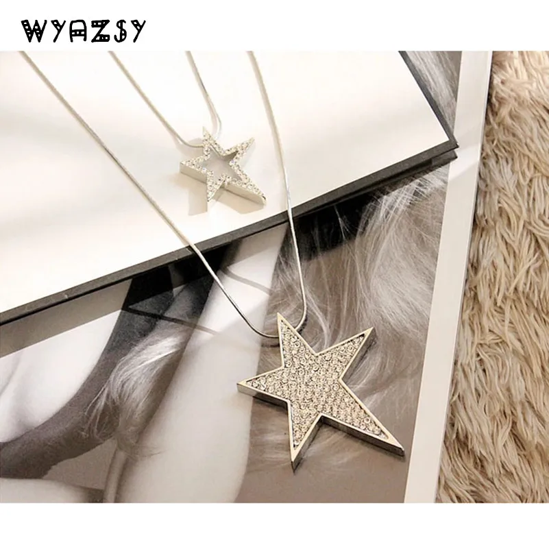 

New Hollow Rhinestones Inlaid Pentagram Long Sweater Chain Elegant Necklace Jewelry Crystal Double Stars Gift Wholesale Not Fade