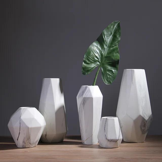 1pc Modern White Marbled Vase Geometric Shaped Ceramic Flower 1pc Modern White Marbled Vase Geometric Shaped Ceramic Flower Tabletop Holder Home Office Decoration