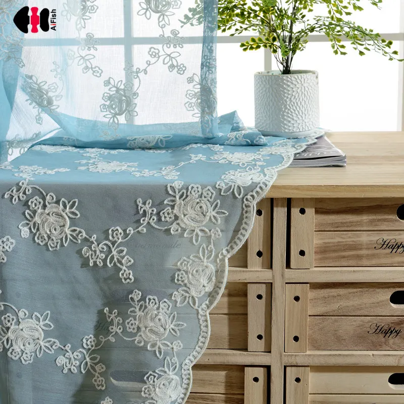 

Pink yarn White Blue Flower Embroidered tulle for windows Treatment Sheer curtain for living room nursery Blinds WP064D