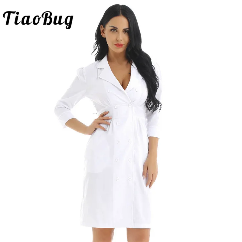 TiaoBug для женщин взрослых лаборатория медицинские услуги пальто Доктор костюм воротник с лацканами до колена белый тонкий пикантная форма медсестры платье