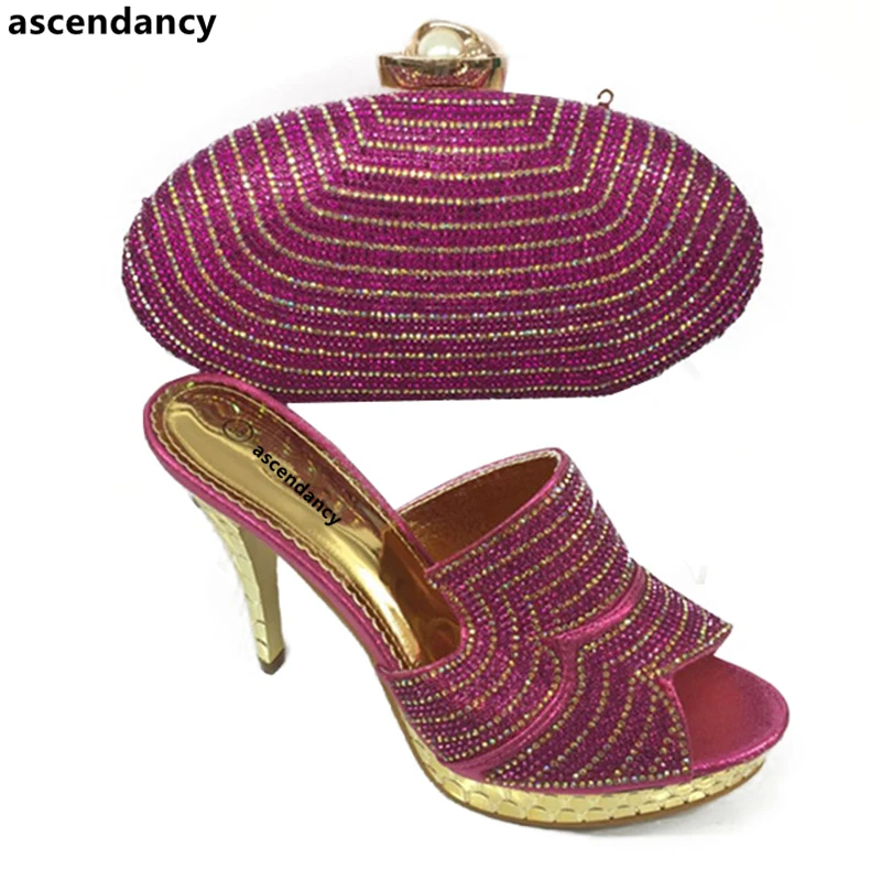 

Fuchsia Color Italian Ladies Shoes and Bags To Match Set African Shoe and Bag Set Decorated with Rhinestone Nigerian Women Shoes