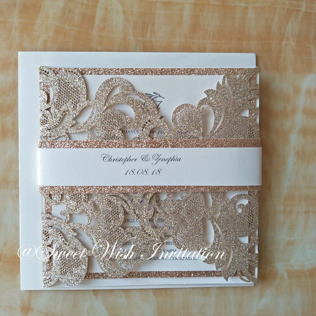Champagne Gold Personalized Printing Laser Cut Wedding Invitations Champagne Gold Personalized Printing Laser Cut Wedding Invitations With Belly Band Lace Birthday Invites Convites 50pcs