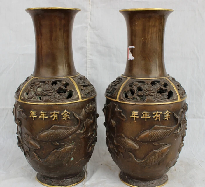 

fast shipping USPS to USA S1847 14" Chinese Bronze 24K Gold Palace Wealth Fish Crane Statue Boat Pot Vase Pair