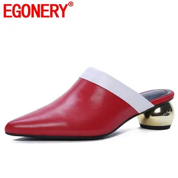 

EGONERY sheepskin slippers fashion summer sexy woman white red pointed toe sandals genuine leather 4cm med heels mules shoes