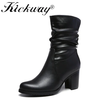 

Kickway Platform Heels Women Ankle Boots Soft Leather Thick high Heel Platform Boots Winter Autumn Boots Warm Fur Boots Women