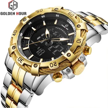 

Top Brand Luxury Quartz Watch Men Dual Time Display Calendar Multifunction Fashion Metal Strap Wristwatches Military Male Clock
