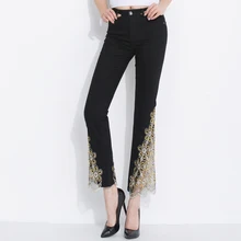 FERZIGE бренд красивые расклешенные брюки с вышивкой Женские уличные обтягивающие джинсы с высокой талией женские брюки размера плюс синие черные брюки