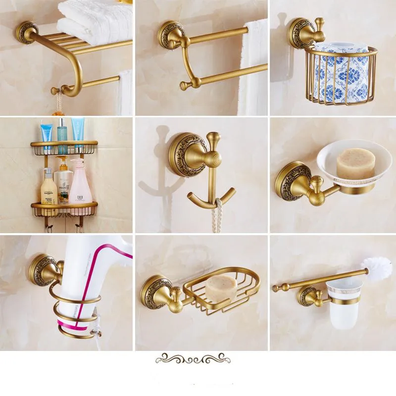 

Antique Crown Carved Bathroom Hardware Set Wall Mounted Brush Finish European Style Retro Bathroom Hardware Pendant Set