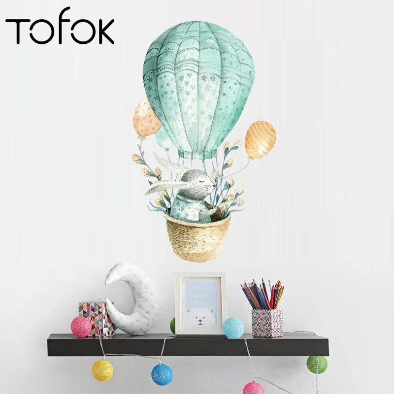 

Tofok Cartoon Wall Sticker Kids Room Decor Rabbit Hot Air Balloon Home Decor Nordic Style Watercolor Painting Baby Room Diy Art