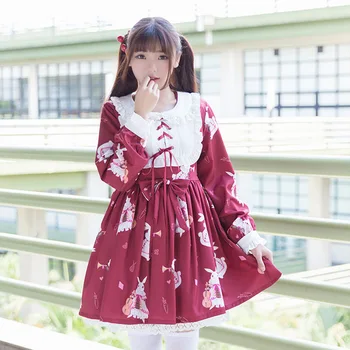 

2019 New Spring Summer Girls Lolita Kawaii Cosplay Dress Pattern Musician Rabbit Dress Cute Dress Red / White